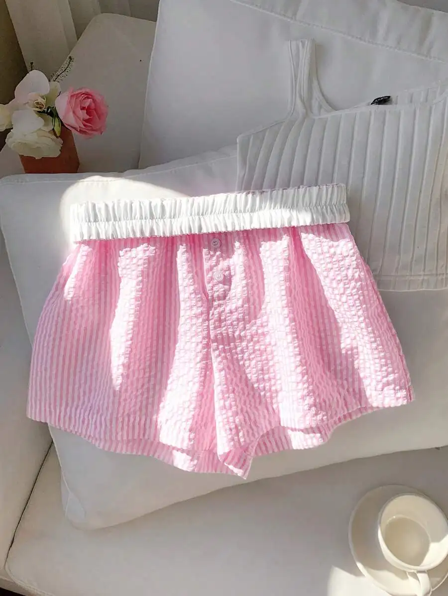 

Womens Pink Striped Elastic Waist Loose Casual Shorts Summer Comfortable