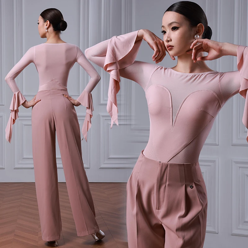 2026 Standard Dance Pants Women Pink Training Dancewear Top Ballroom Modern Dance Practice Clothes Long Sleeve Bodysuit AMY4163