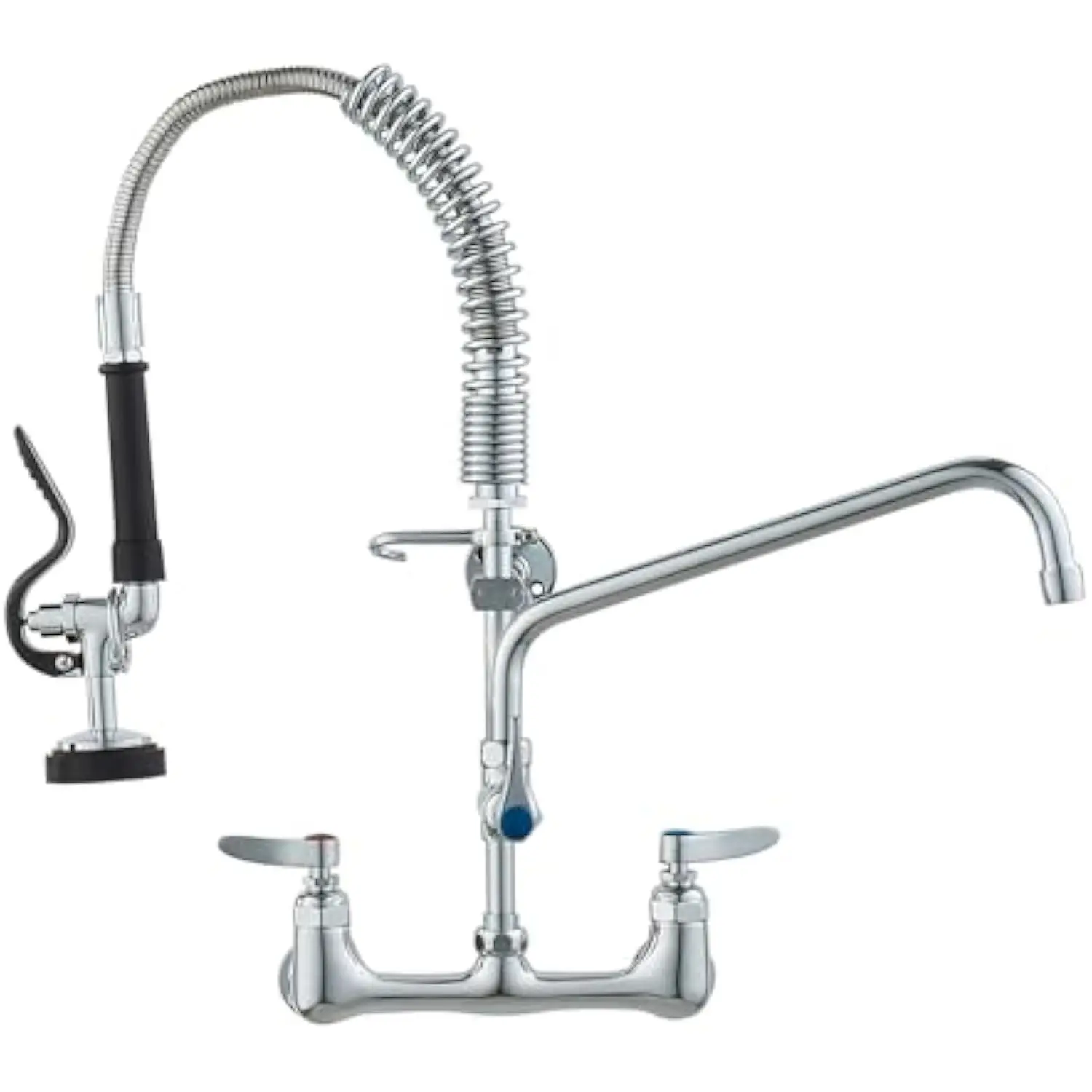 

Commercial Faucet with Pre-Rinse Sprayer, 21 Height, 8 Center, 12 Swing Spout, Wall Mount Kitchen Sink Faucet, Brass Construct