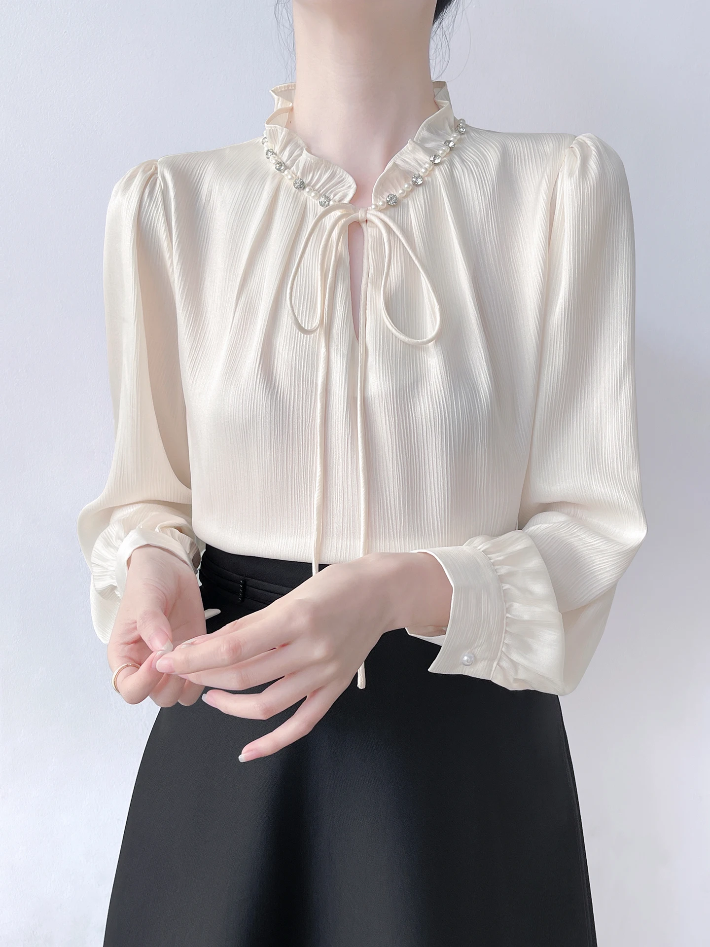 

Korean Style Long Sleeve Commute Shirt Women's Gauze Ruffle Belted Diamond Embellished Satin Top Breathable Loose Fit