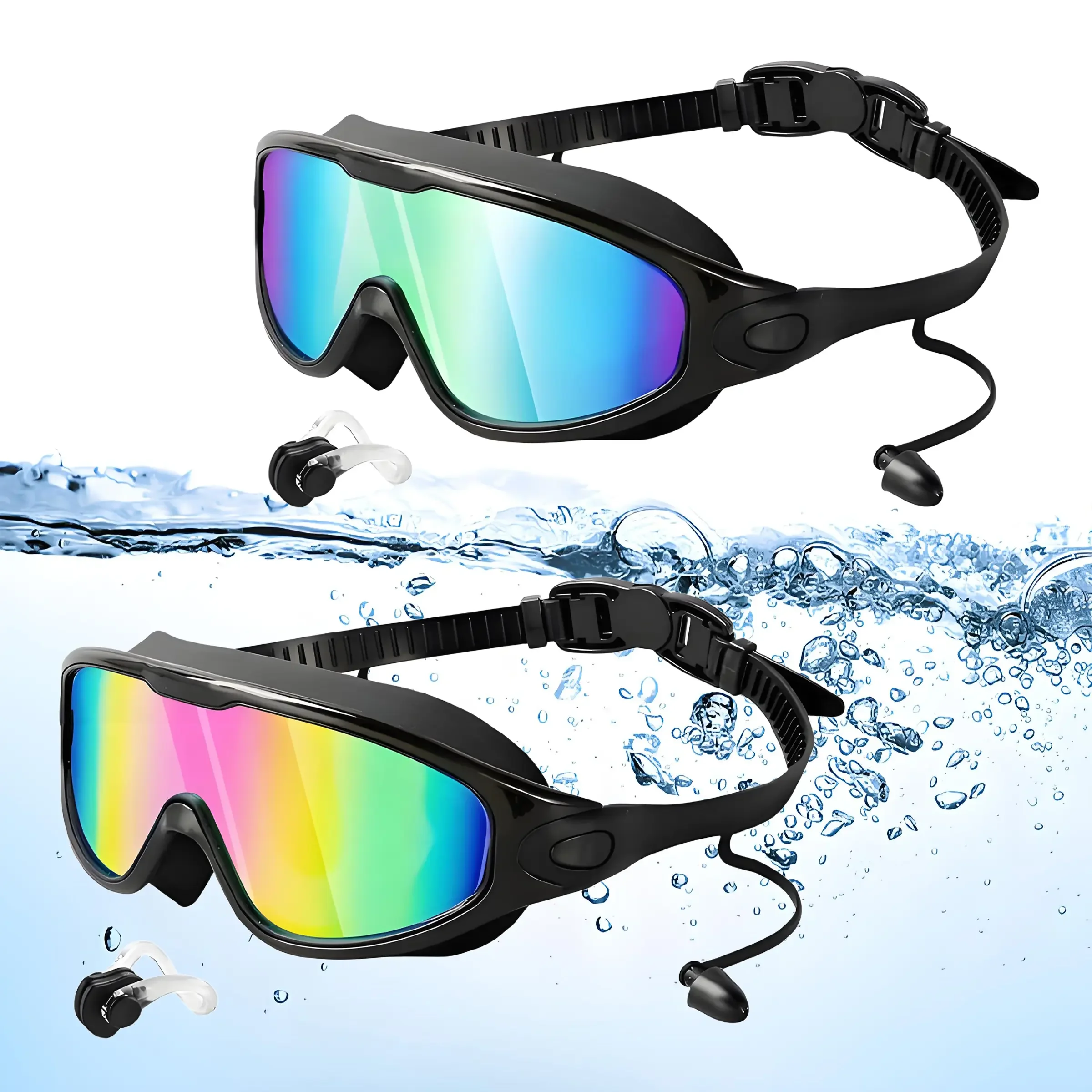 GMOX Unisex UV Swimming Goggles (2-Pack/1-Pack) – Adult Swimming Accessories with Anti-Fog, Leak-Proof, Wide-View, Comfortable Fit, Waterproof Earplugs & Nose Clip for Outdoor Water Sports