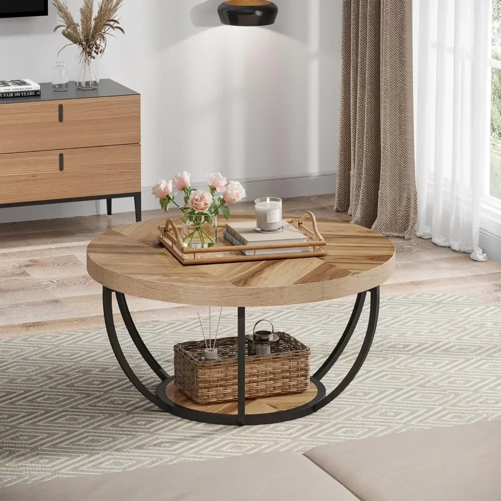 31.7" Industrial 2-Tier Circle Coffee Table with Storage Shelves, Modern Wooden Accent Center Table Sofa Side Table