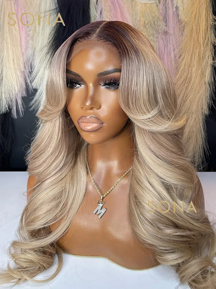 13x6 HD Transparent Lace Frontal Wig Human Hair Ombre Ash Honey Blonde 13X4 Lace Front Human Hair Wig With Dark Root