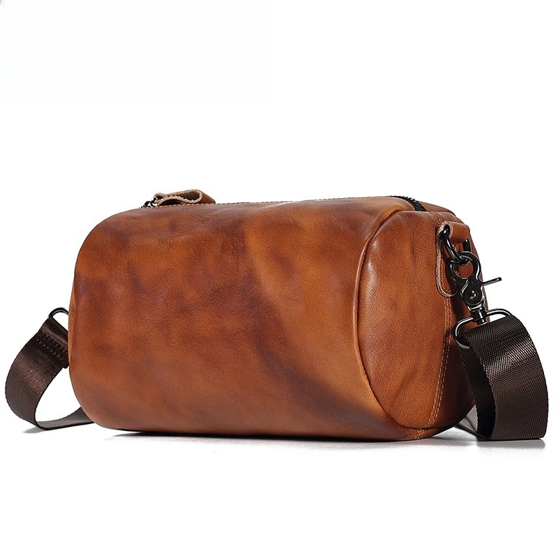 

Vintage Men's Chest Bag Cylinder Design Natural Genuine Leather Fashion Casual Crazy Horse Cowhide Shoulder Crossbody Bags