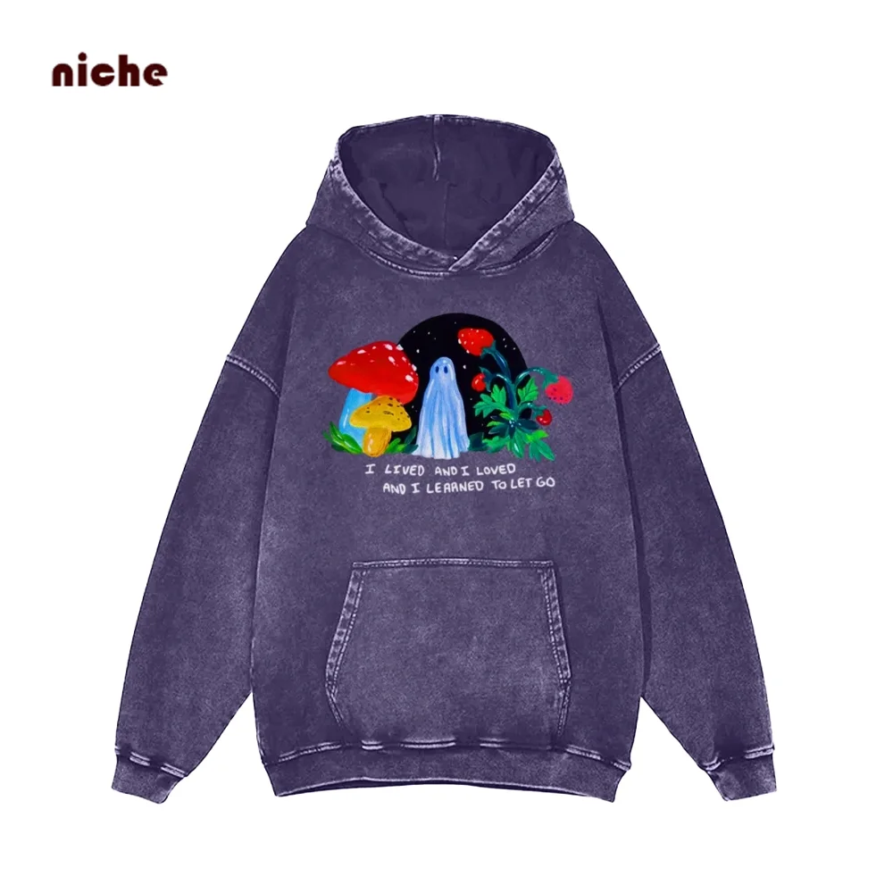 Vintage Washed Old Hooded Sweater Contrast Mushroom Strawberry Ghost Print Shoulder High Quality Hoodie Sweatshirt