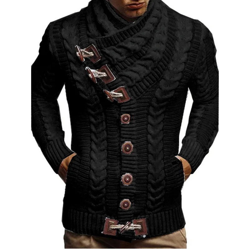 Men Scarf Collar Pullovers Tops Knitted Full Sleeve Sweaters Horn Button Casual Regular Splice Knit Top Autumn Winter 2024