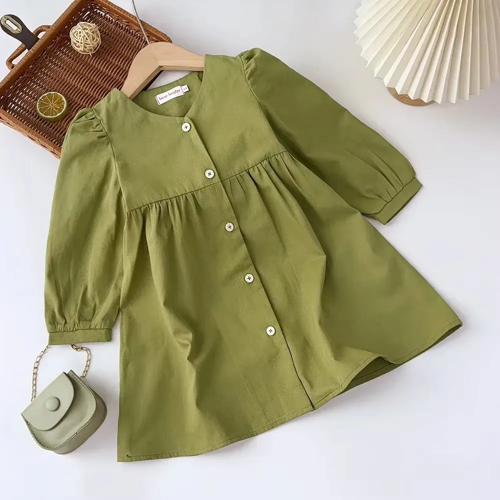 Kids Clothes Girls Autumn Dress New Cotton Solid Color Long Sleeves V-neck Dresses Children's Casual Clothing 3-7 Years Old