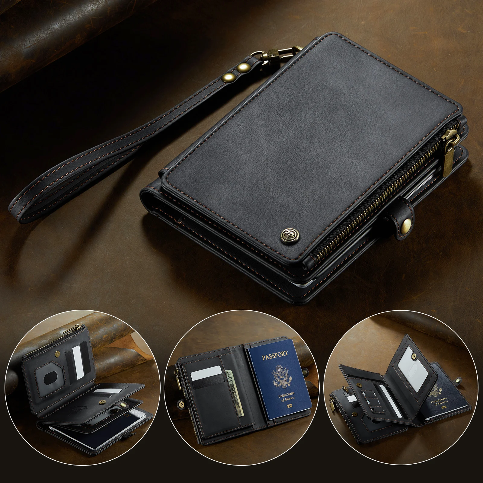 

Caseme Passport Holder for Travel, Passport Case Wallet With Strap Wristlet and Zipper Wallet for Men Women Retro Multi-function