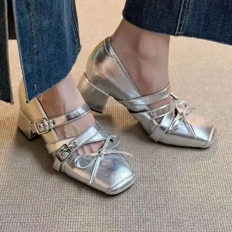 

Женские туфли на каблуке с квадратным носком и бантом, дизайнерские новые летние сандалии, туфли на высоком каблуке, женские туфли-лодочки Marie Janes на массивном каблуке, Zapatillas