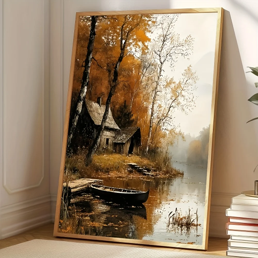Falling Maple Leaves Painting - Retro-Style Autumn Tree Canvas Wall Art Suitable for Living Room, Small House by the River Decor