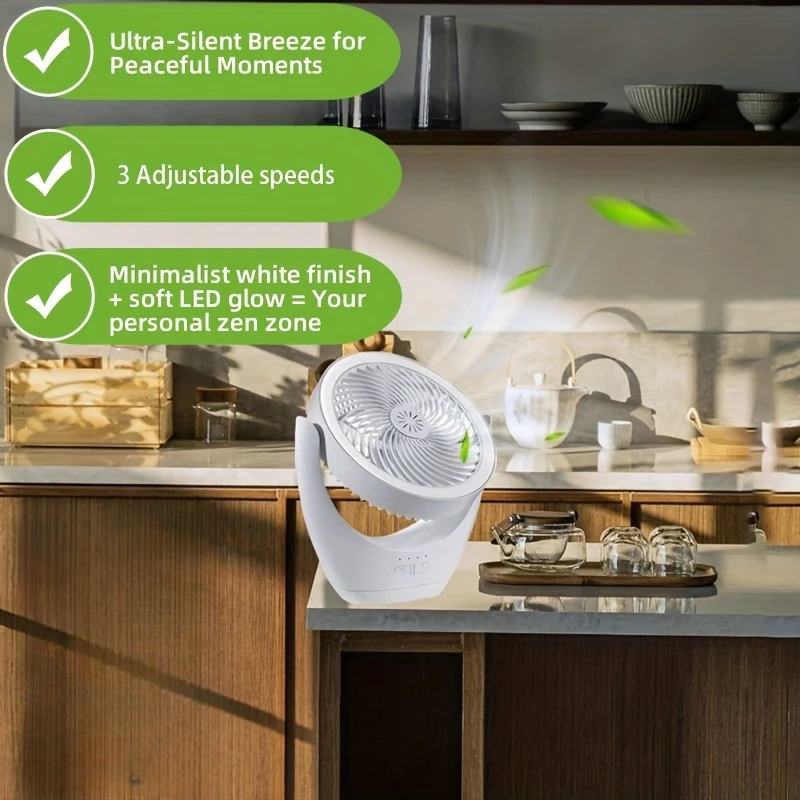 USB Rechargeable Mini Desktop Fans with LED Light with 120° Rotation & Hanging Hook for Bedroom Living Room Study Kitchen Office