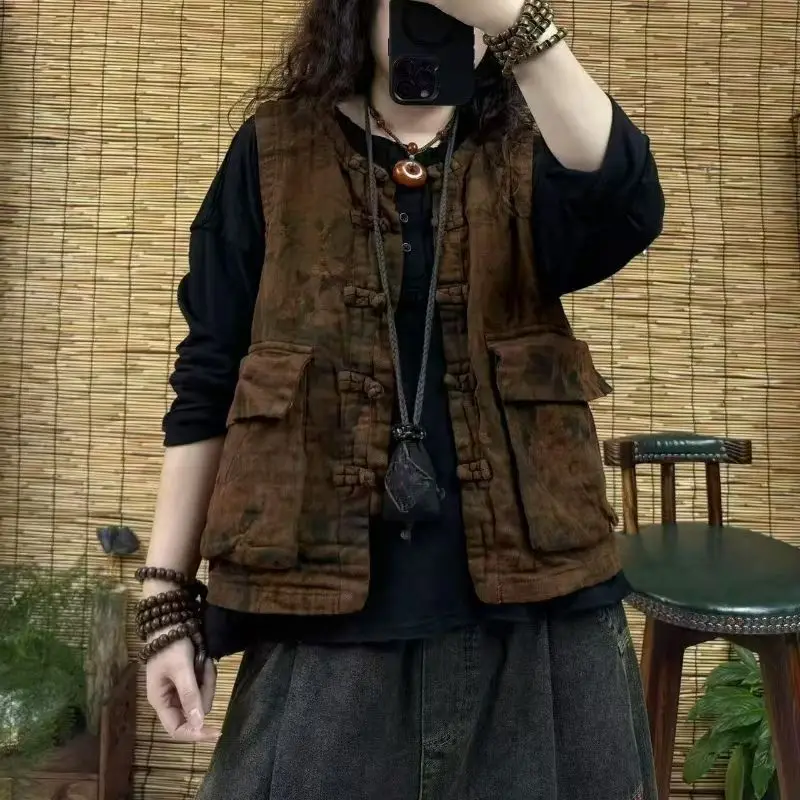 Automne hiver coton mélange dames Svel lin gaze Vintage artistique ethnique Sle taille unique ajusté rétro Sle gilet