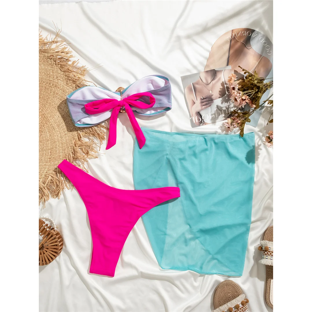 Sexy Bandeau-Bikini mit Rock, Damen-Badeanzug, dreiteiliges Bikini-Set, Badebekleidung, Badeanzug, Modell V5640 – Detail 16