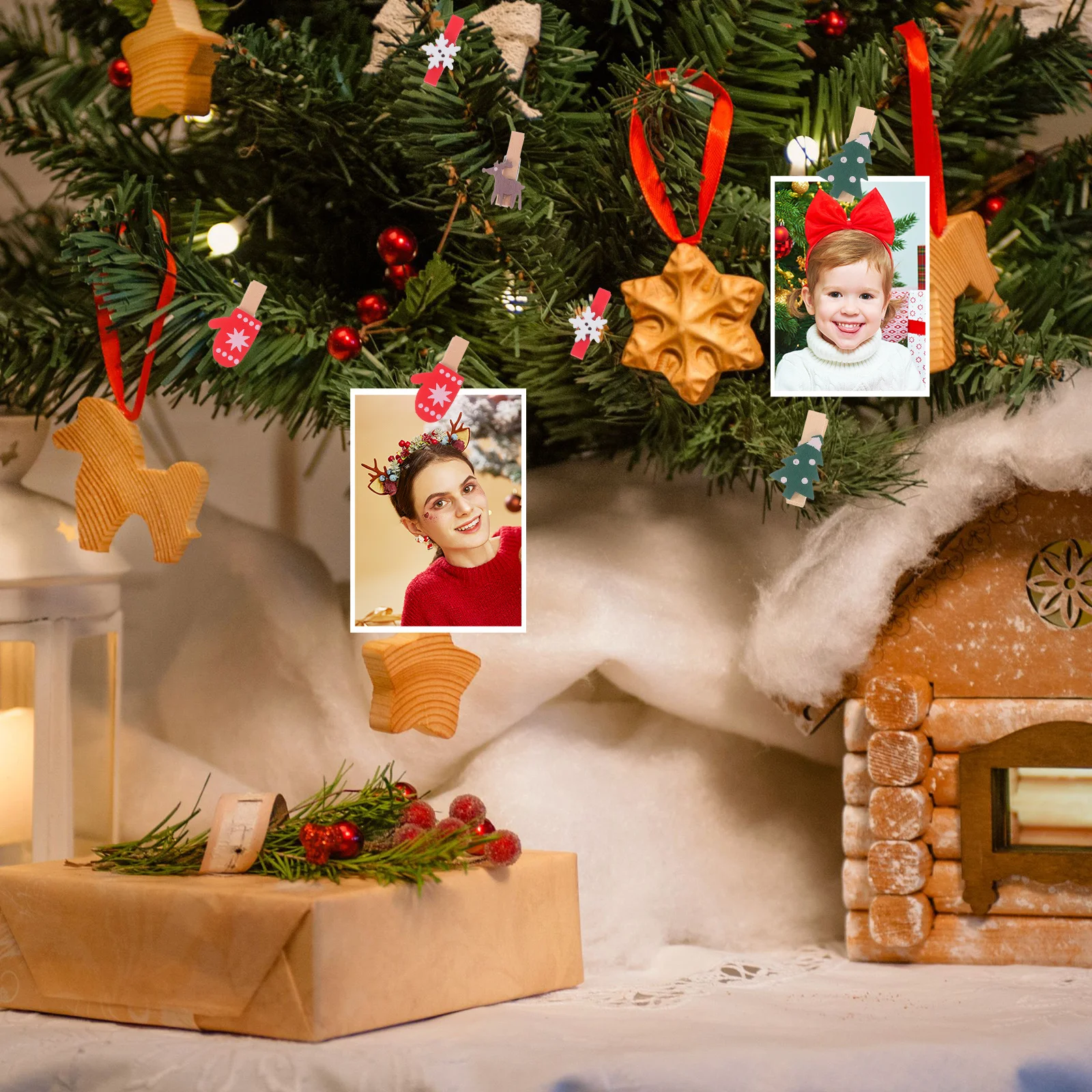 

100Pcs Mini Clothespins for Crafts Christmas Wood Clips Snowflake Elk Tree Design Wooden Photo Holders Hanging Decorative Clips