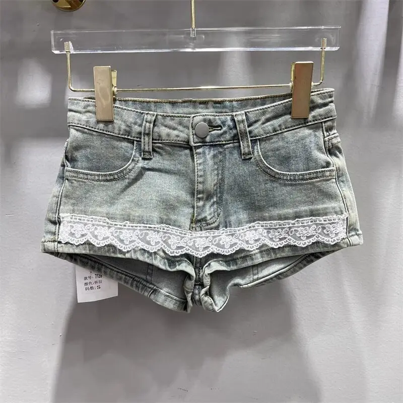 Sexy Women's Low Waist Denim Shorts High Waist Slimming Ultra Short Pants Summer New Lace Edge Splicing Dance Hotpants