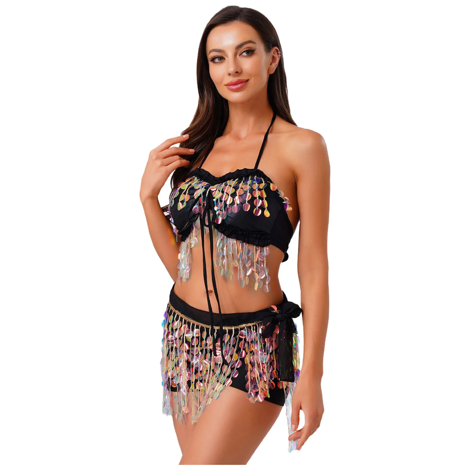 Orientalische lateinamerikanische Bauchtanz-Outfits für Damen, Farbverlauf, Pailletten, Quaste, Bauchtanz-Kostüm, Neckholder, gepolstertes Crop-Top und Hüfttuch zum Binden