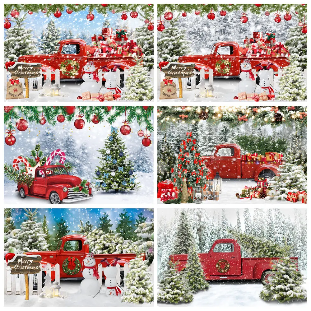 

Christmas Truck Backdrop Xmas Tree Gifts Winter Pine Forest Xmas Family Party Baby Portrait Photography Background Photo Studio