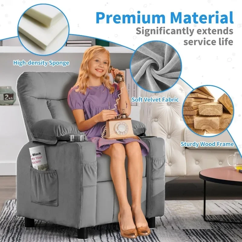 Cadeira reclinável para crianças, ergonômica, ajustável, apoio para os pés e bolsos laterais, sofá de bebê para meninos e meninas, quarto (cinza)