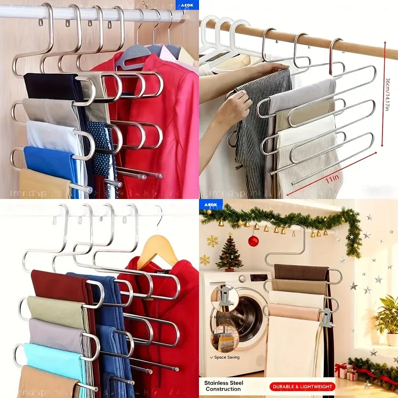 5‑Tier Stainless Steel S‑Shaped Pants Hanger Non‑Slip No‑Mark Multi‑Layer Closet Organizer Space‑Saving Storage Rack For Jeans Trousers Pants Wardrobe Use