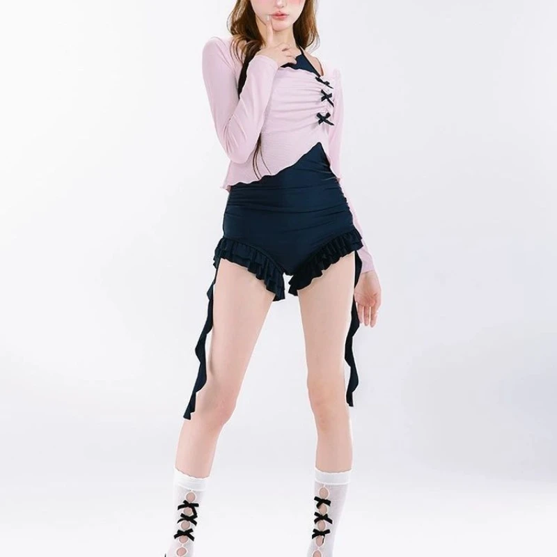 Costume da bagno intero a maniche lunghe per ragazza dolce e piccante in stile giapponese Harajuku, set da due pezzi con grembiule sottile per le vacanze primaverili