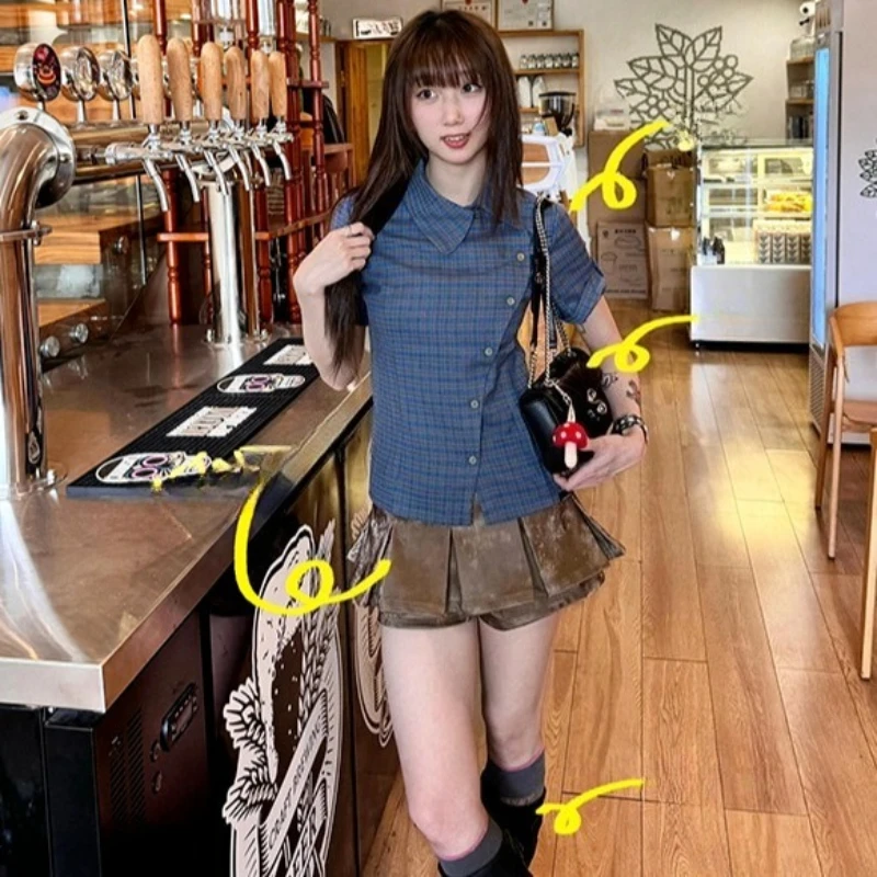 

Simple Office Lady Short Slim Shirt Vintage American 2025 New Moda Y2K Shirts High Street Plaid Preppy Style Minority T-shirt