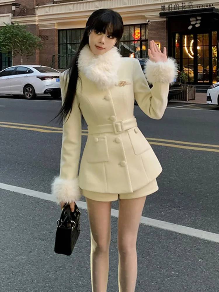 High Street Fashion Two Piece Pant Sets Women Jacket Coat + Short Sets Conjuntos Femininos Elegantes 2 piece sets women outfit