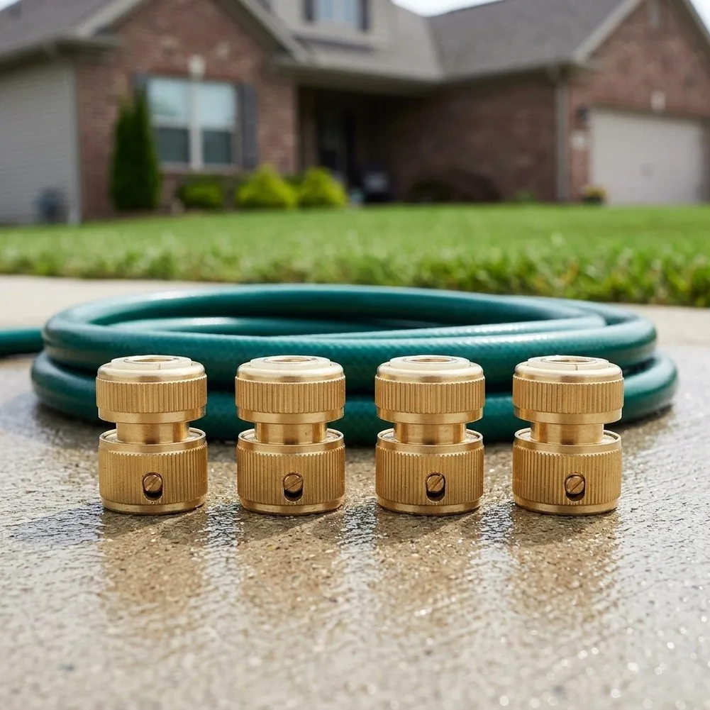 Brass Quick Couplings Set 4pcs for Standard 12 inch Garden Hoses with Stop Feature Compatible with Watering Tools