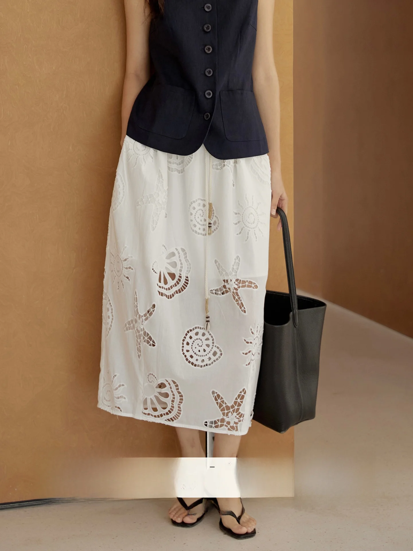 

Ele Embroidered Cotton Lace Hollow out Flower Bud f Skirt Women's Summer White Pure Cotton Long Skirt GINNKEE