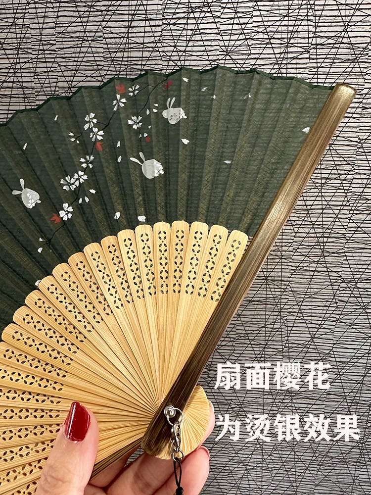 Vintage chinesischen Stil heißen Silber Falt fächer niedlichen Sommer kühlen täglichen Fan frisch unter dem Mond Kirschblüte Jade Kaninchen