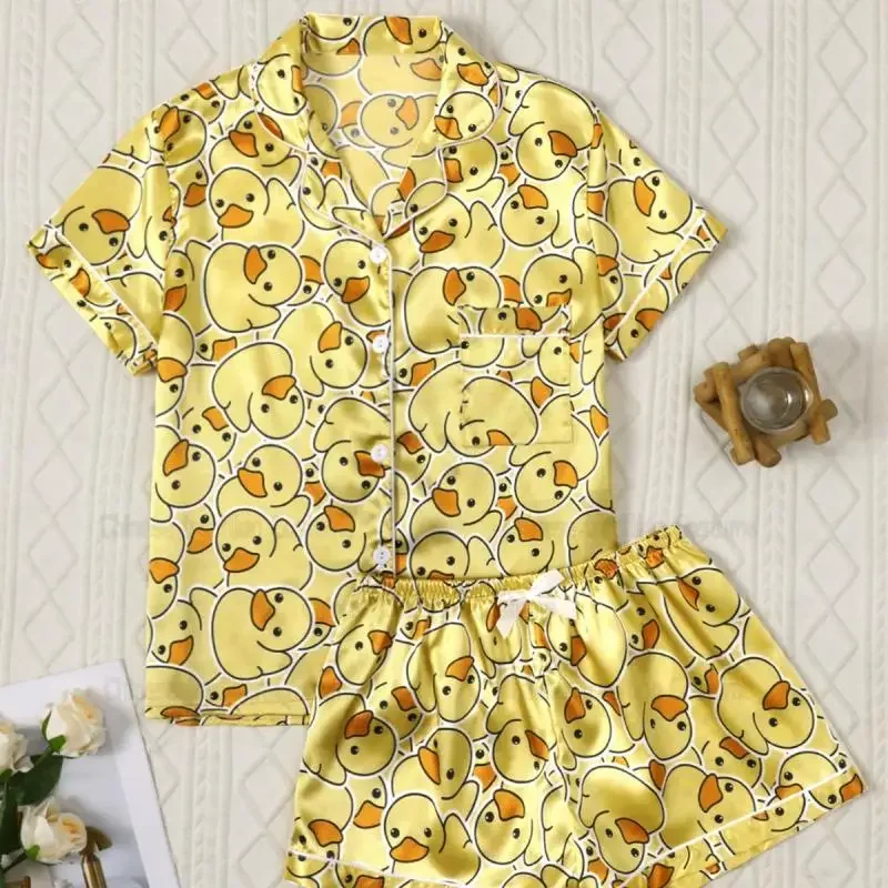 

Cartoon Duck Kawaii Pijama Satin 2Pcs Nightwear Female Short Sleeve Shorts Suit Yellow Pijama Mujer Summer New Sleepwear