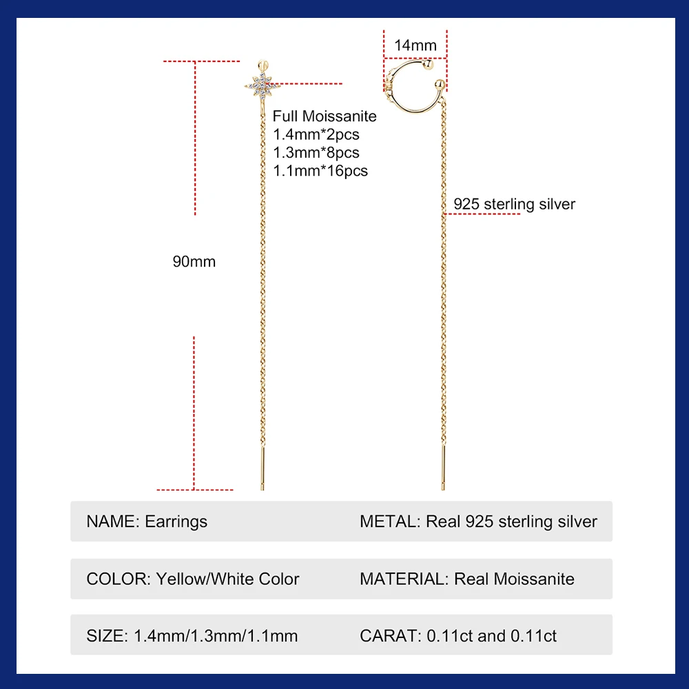925 Sterling Silver Ear Cuff Earrings Chain for Women Full Moissanite Drop Dangle Ear Stud Star Crawler Wrap Earrings Jewelry