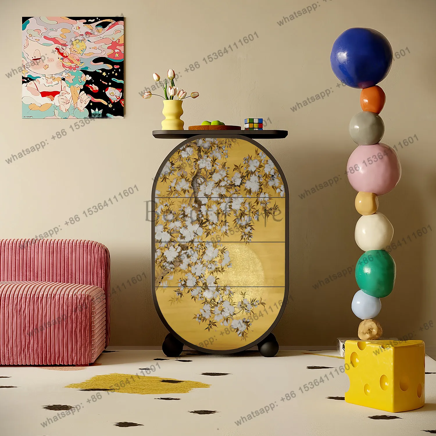 

Medieval solid wood four-chest cabinet household living room dining side porch storage cabinet