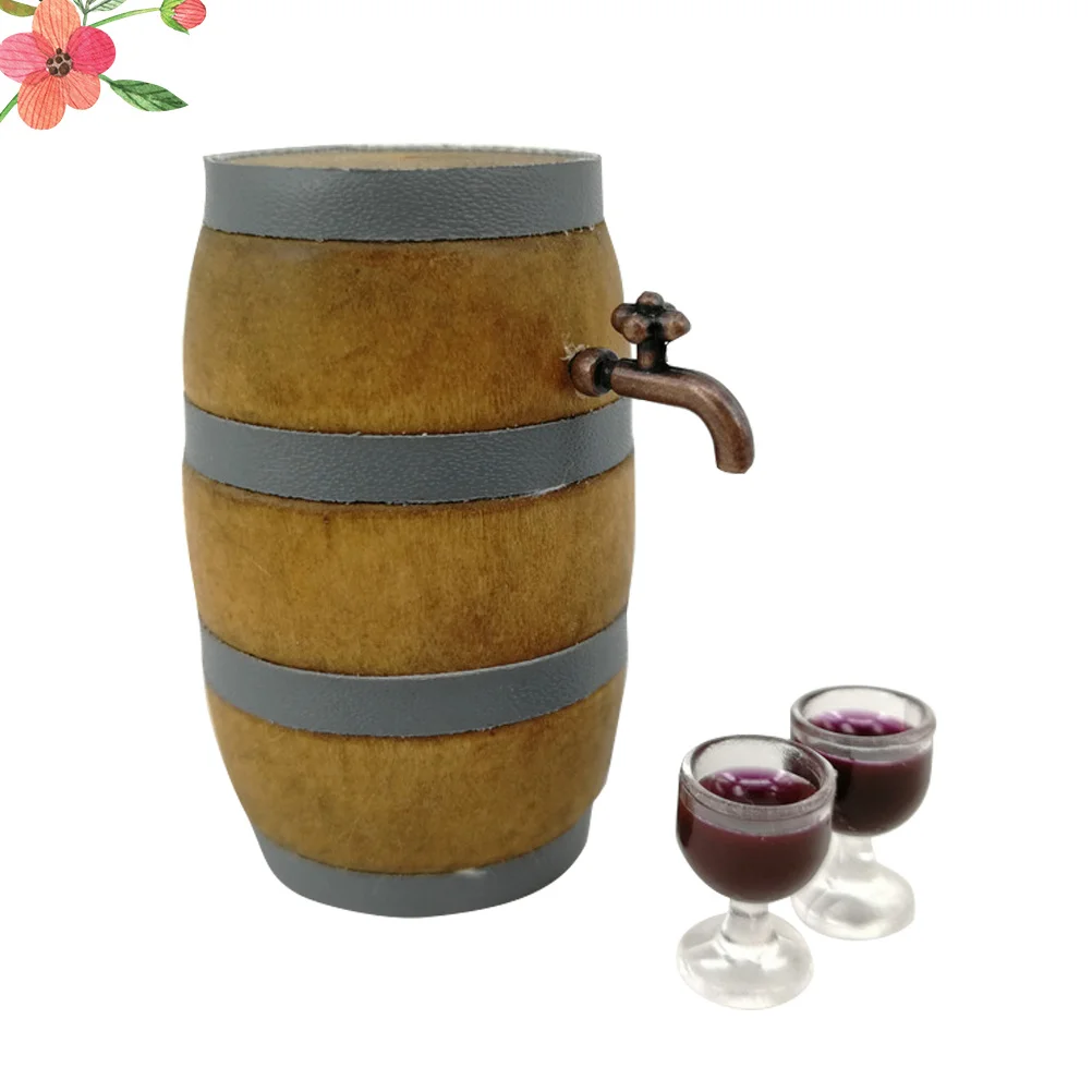 Set di botte di vino rosso in miniatura Realistico Pub Bar Decor Forniture per feste Rubinetto Bicchiere da vino Decorazione di scena Puntelli Casa da gioco