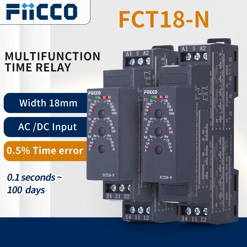 

Fiicco FCT18-N 18mm Din Rail Mounting Multifunction On-delay Off-delay Timer Relay for Control Panels, Pump Controls, HVAC