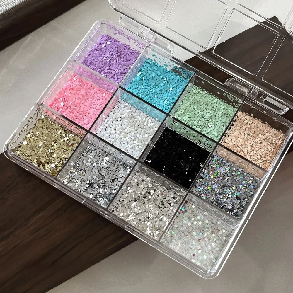 12Grids/Box 3D Irregular Shape Nail Art Charms Aurora Shell Sparkling Flakes Imitation Pearl Nail Decoration Five-pointed Star