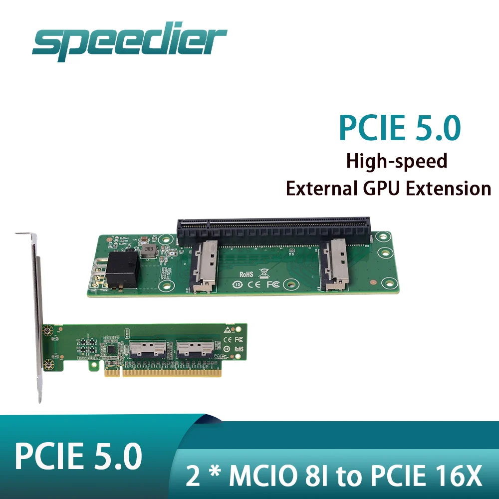 Speedier 2 x MCIO 8i to PCIe 16x Riser Card PCIe 5.0 External GPU Extension Cable Max X16 / High-speed Cable 0.55 /0.7m 32Gbps
