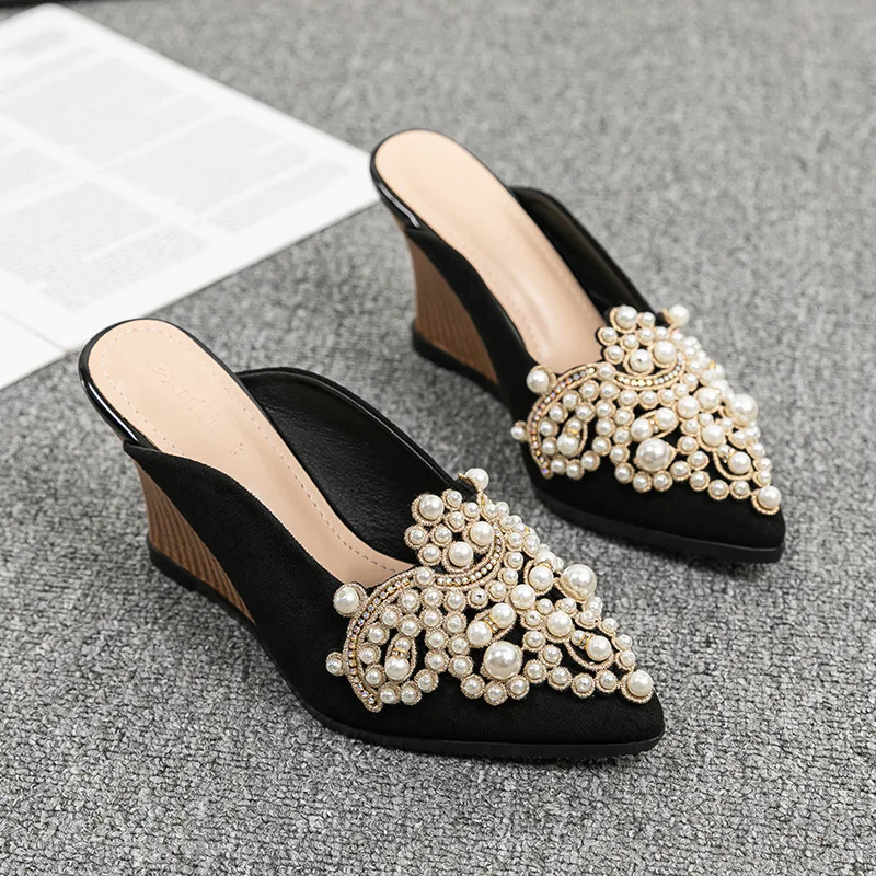 FHC Flock High Heels Pearls Wedges Shoes,Platform Summer Slides,Pointed Toe Slippers,Lazy Person Mules,Slip On,Black,Dropship