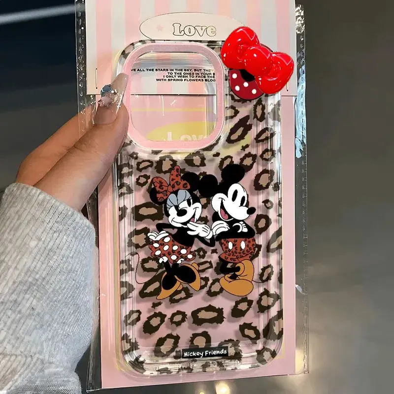 Disney Mickey Minnie Mouse 3D Bow Leopard Print Phone Case For iPhone 14 12 13 11 15 16 Pro Max XR XS MAX 7 8Plus Y2K Cute Cover