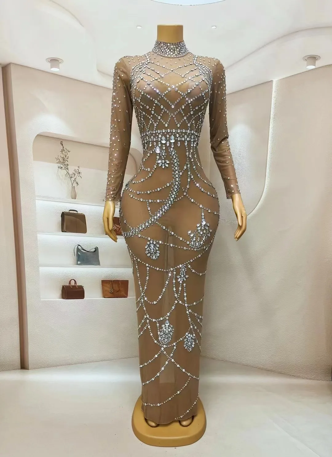 Newest Women Celebrity Crystal Diamonds Long Dress Luxury Prom Sexy Mesh See Through Elegant Gown Evening Party Wedding Robes