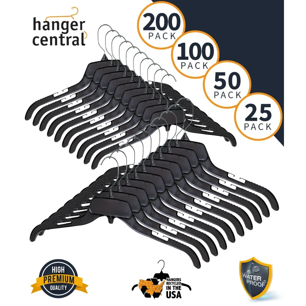 Recycled Heavy Duty Plastic Hangers, Short Polished Metal Swivel Hooks, 15 inch, 100 Pack