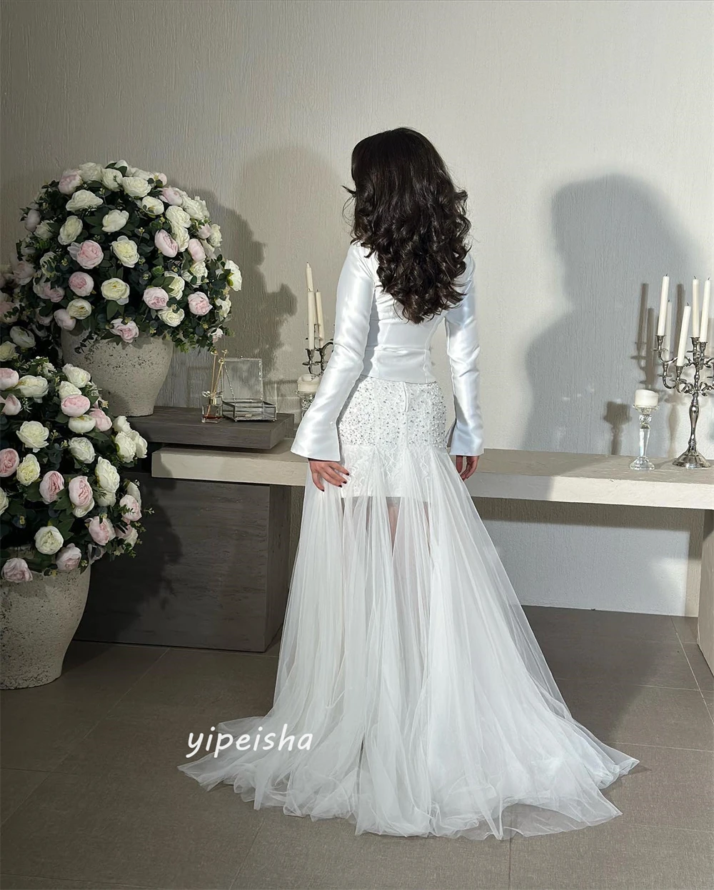 Jiayigong High Quality  Satin Sequined Ruched Party A-line Square Neck Bespoke Occasion Gown Long Dresses