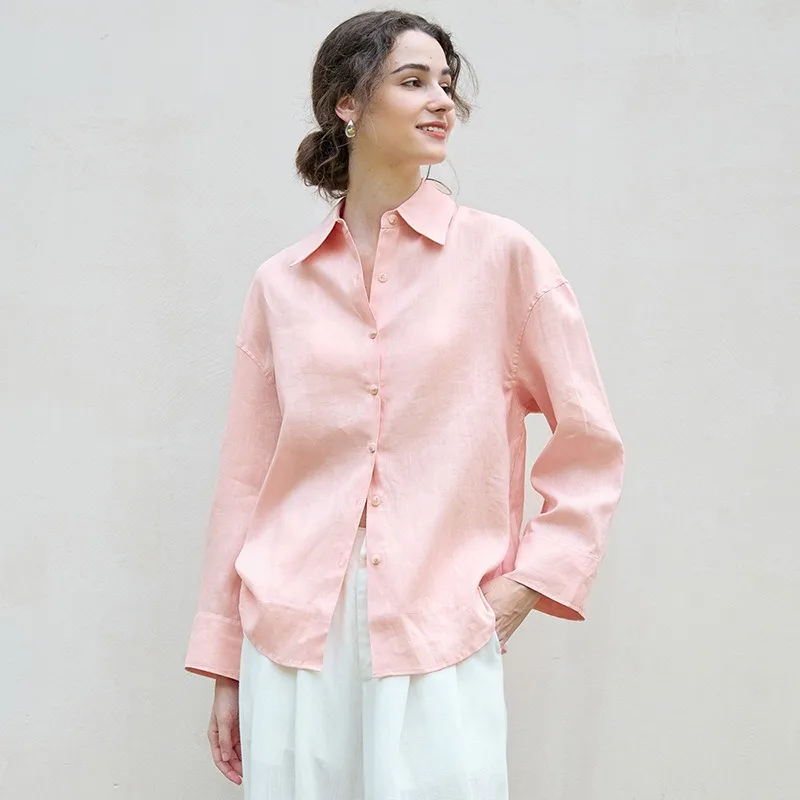 

100% льняные женские рубашки, винтажные однобортные однобортные рубашки с длинным рукавом и отложным воротником, свободные модные уличные белые розовые блузки, топы