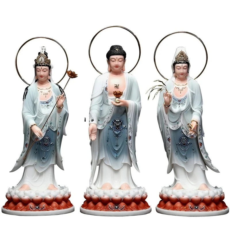 Western Three Saints Buddha Statue White Jade Guanyin Bodhisattva Home Use Amitabha Buddha Statue