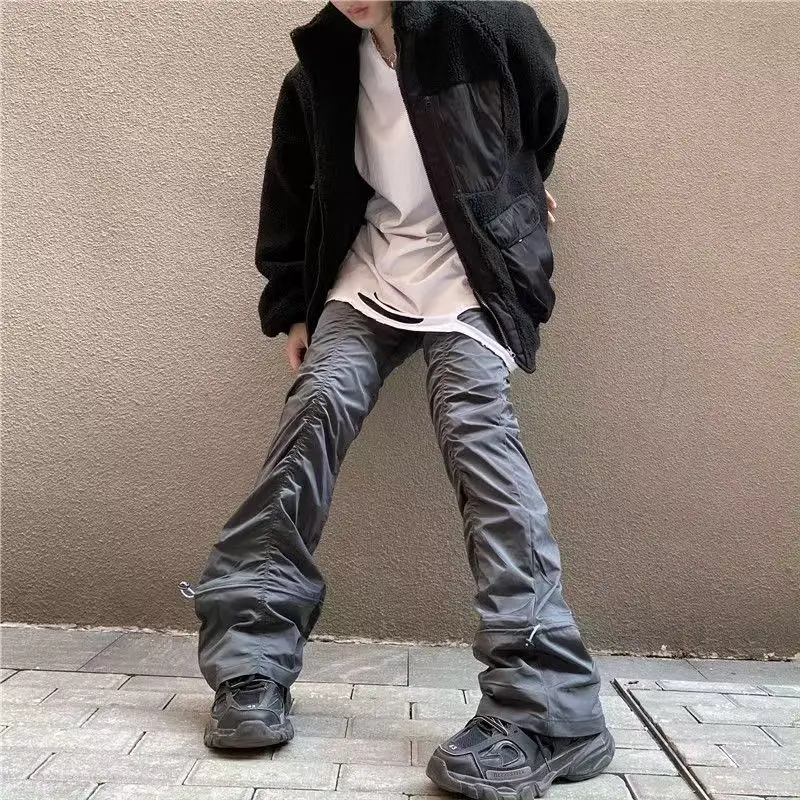 

American Style High Street Pleated Zipper Men's Casual Pants Functional Design Sense Loose Hip Hop Spring Fashion Male Trousers