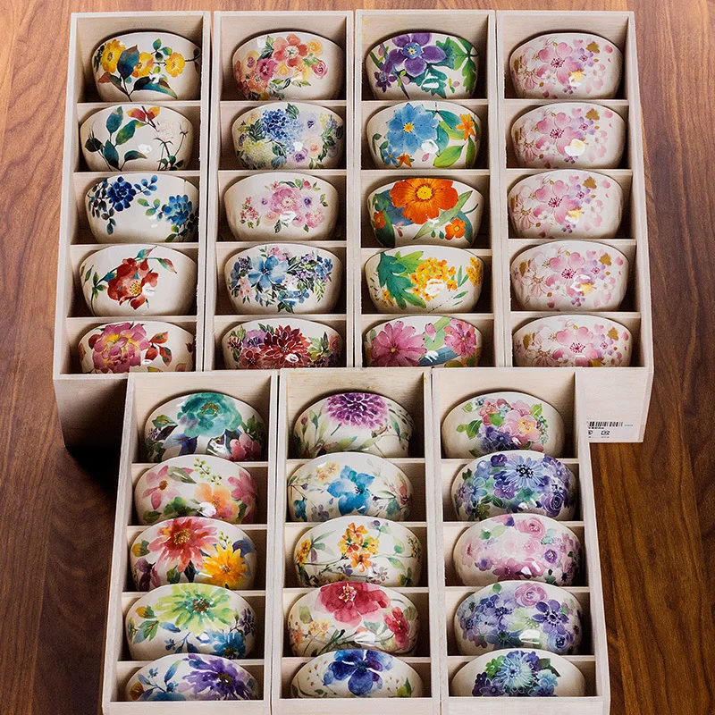Imported Japanese ceramic blue mino-yaki rice bowl glaze color ceramic bowl Japanese watercolor flower soup bowl tableware