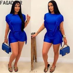 FAGADOER Summer New Solid Color Tassels Design Two Piece Sets Women Round Neck Sleeveless Top + Shorts Outfits Female 2pcs Suits