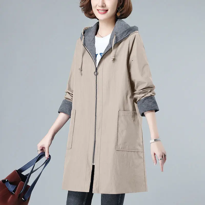 Mid-Aged fat Mother Outfit Autumn Winter New Double-Layer Lining Long hooded Trench Coat For women Thin Simple Casual Loose