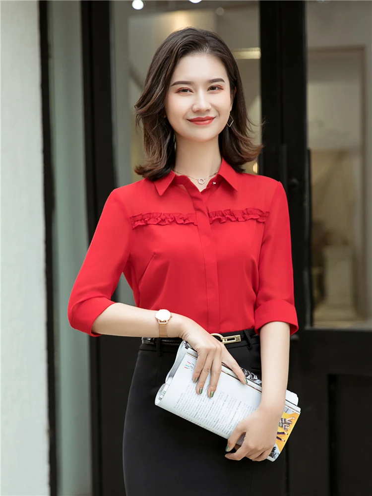 Women\'s Blouse Half Sleeve Shirt Chiffon blus Summer 2021 Fashion See-through Female Elegant Office Ladies Plus Size Work Tops