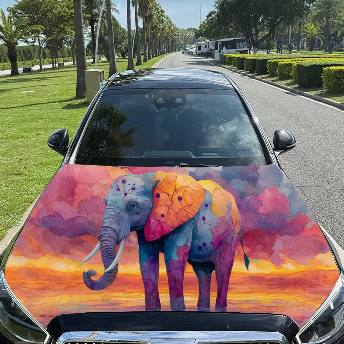 

Charming Rainbow Elephant PVC Car Engine Hood Vinyl Wraps, Self-Adhesive Waterproof Car Hood Decal Sticker, Car Decoration Prote