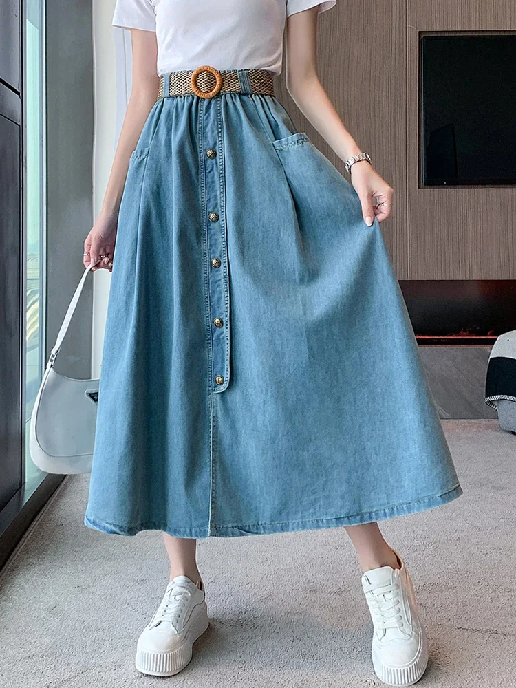 

Vintage Long Denim Skirt for Women 2024 New Korean Casual Pockets A Line Belt High Waist Midi Jeans Skirt Female Blue Z394